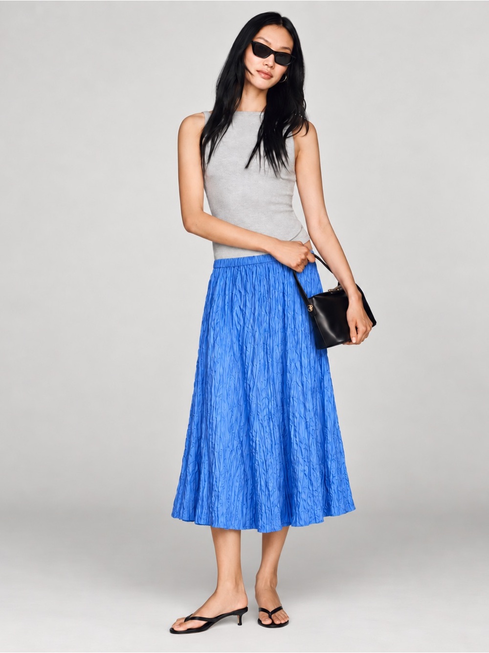 NWT Eileen Fisher Blue Crinkled Silk A-Line Midi Skirt Sz S Quiet Luxury